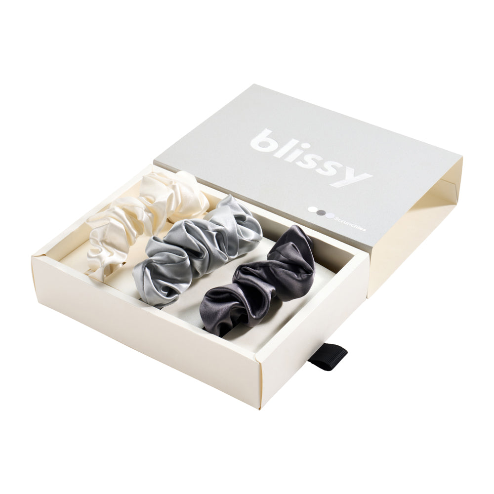 Blissy Scrunchies - White, Gray, Silver